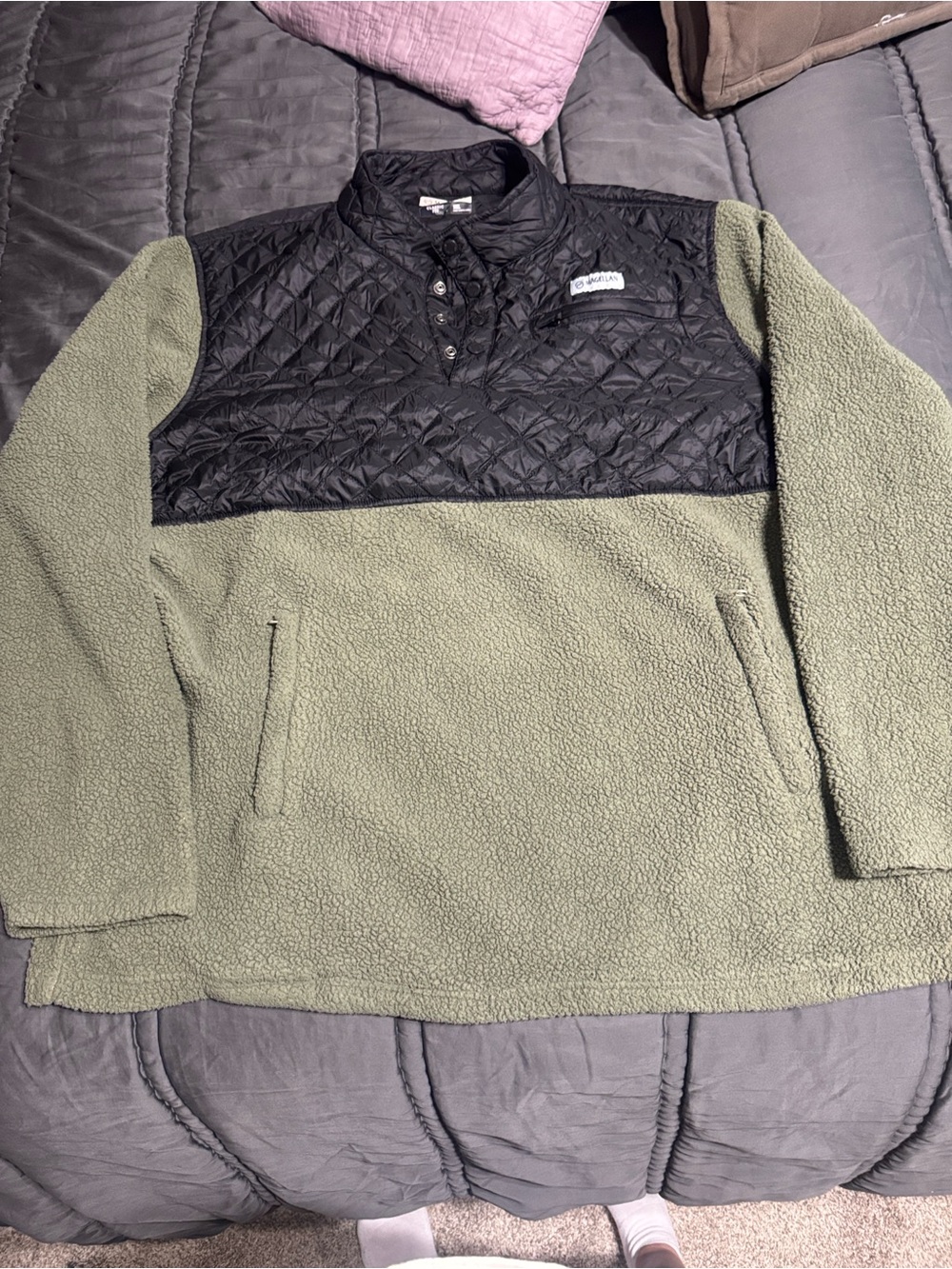 Magellan Outdoors Olive Sherpa Pullover with Black Quilted Yoke